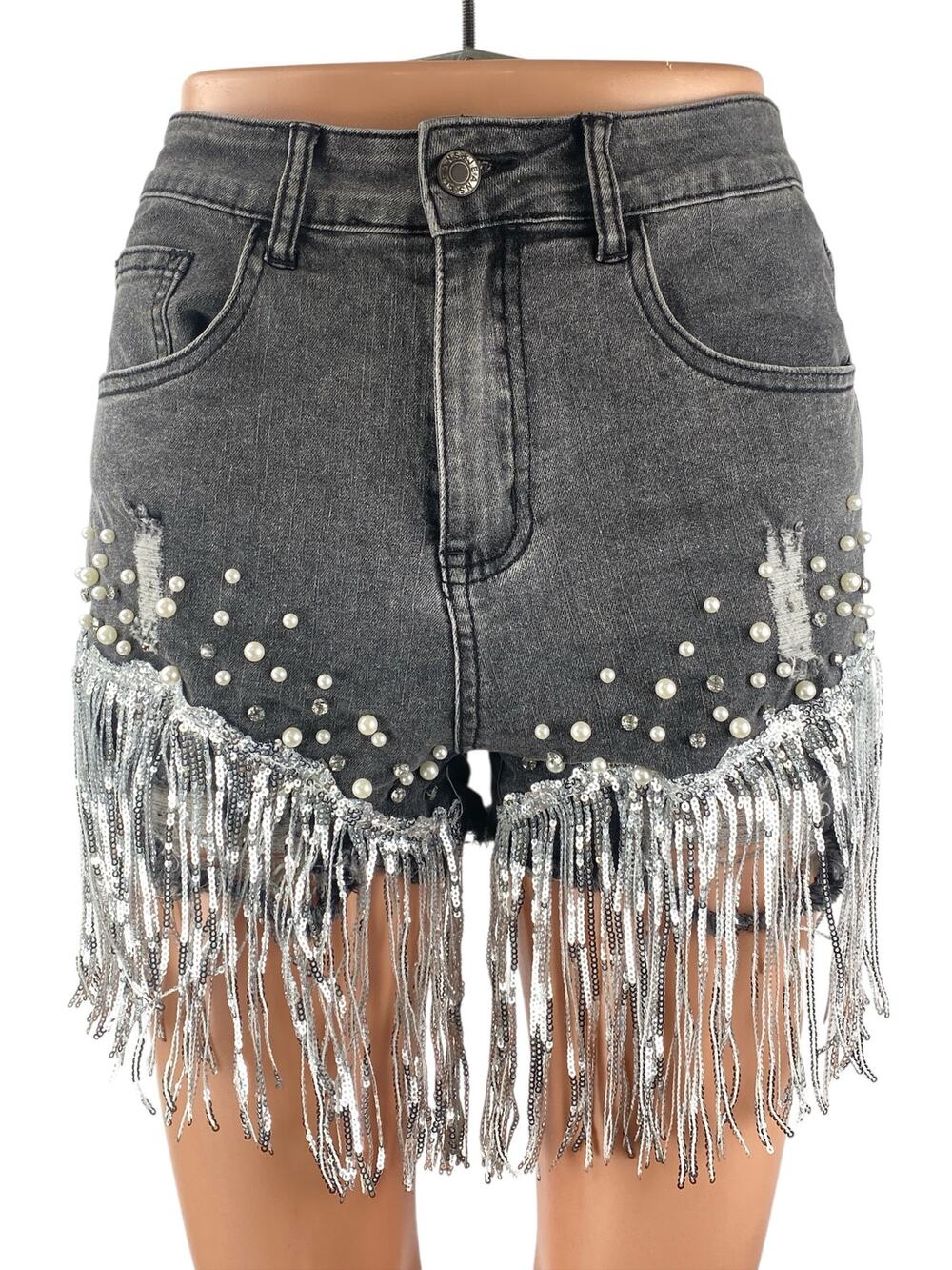 Women's Gray Distressed Pearl Rhinestone Sequin Fringe Frayed Hem Denim Shorts M
